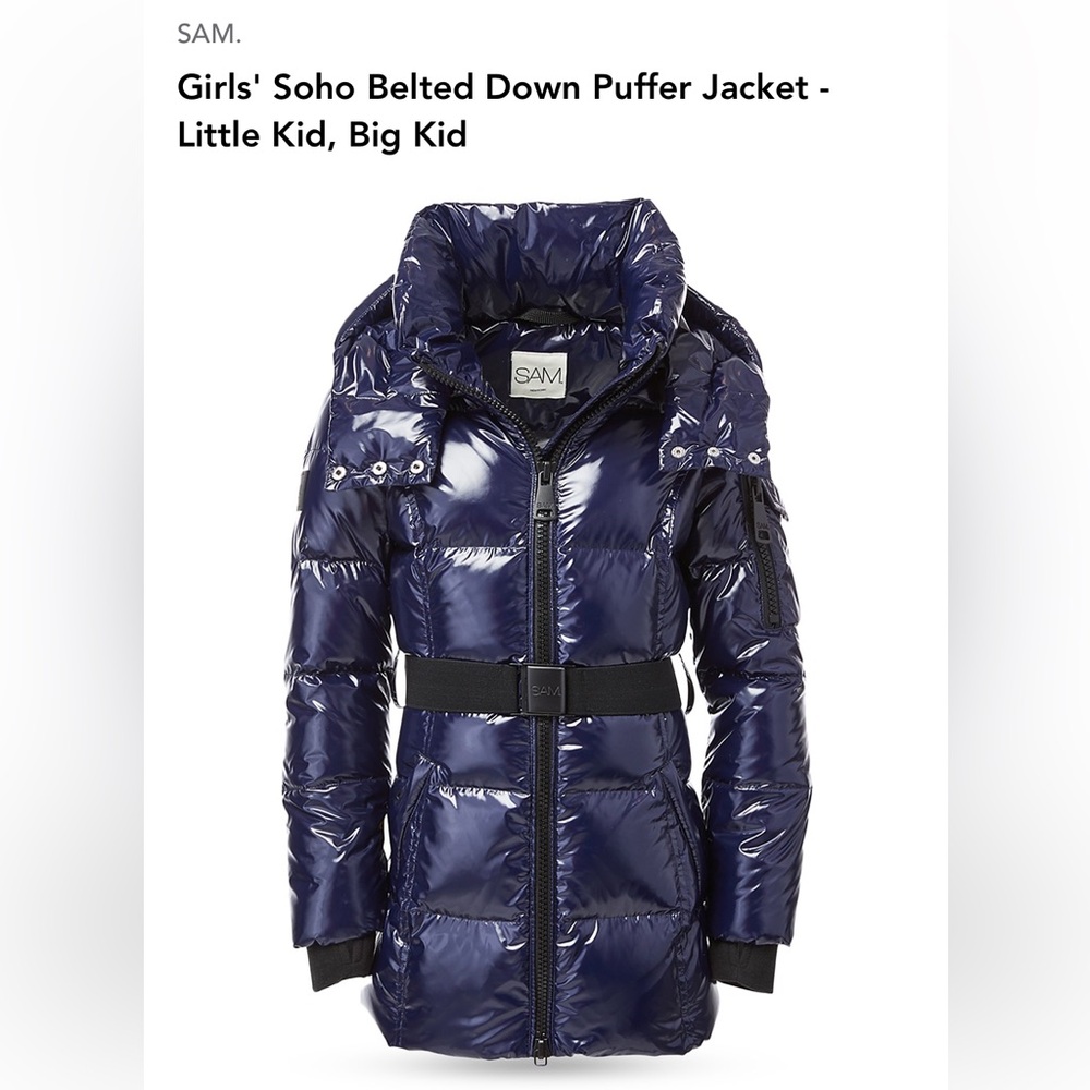 SAM. Girls' Soho Belted Down Puffer Jacket - Big Kid size 10 navy NWOT